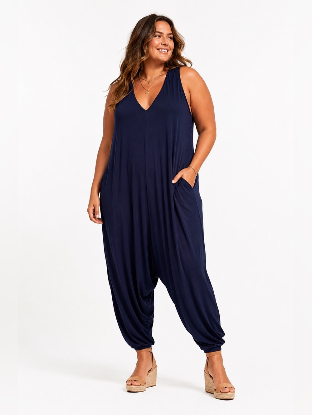 Navy Blue Sleeveless Harem Jumpsuit Deep V Pocket Lounge Romper XL